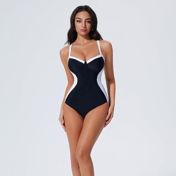 Tummy Control One Piece Swimsuit Sexy Crisscross Back Bathing Suit - Picture 1 of 7